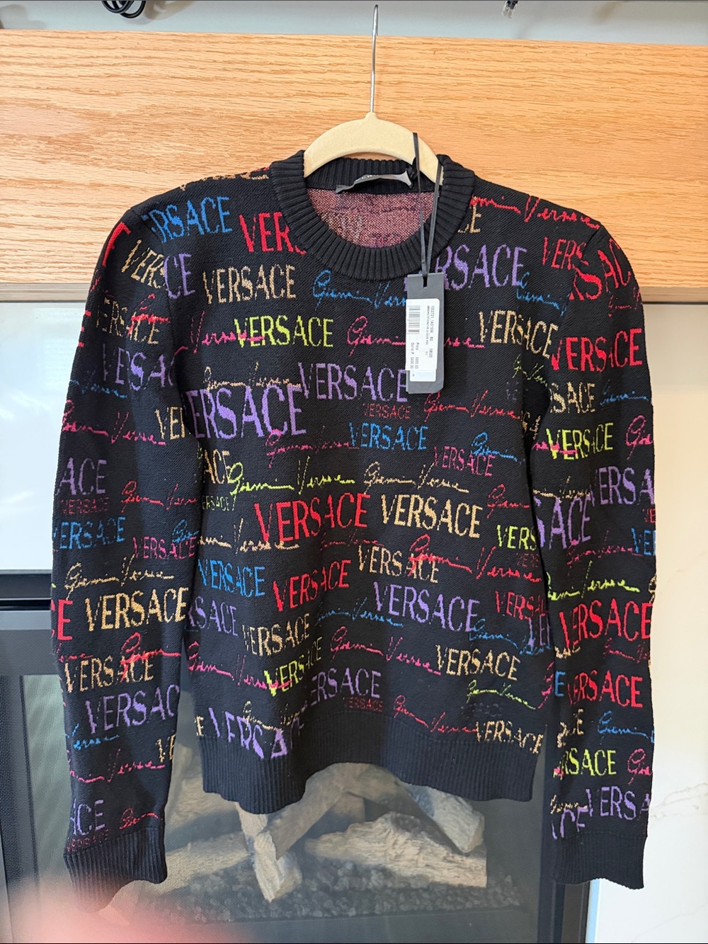 Versace Black Knit Crewneck with Multicolor Logo Script